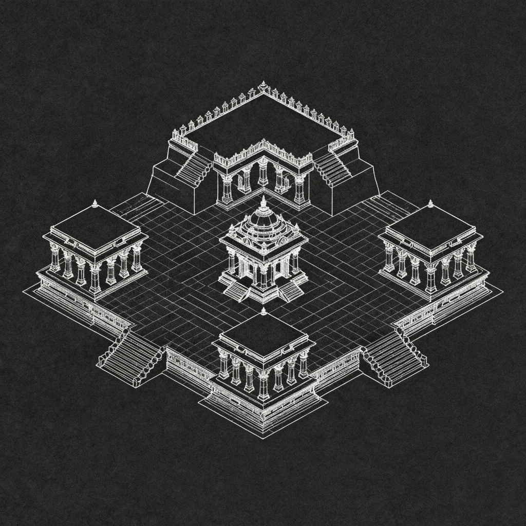 Sarvatobhadra temple architectural plan showing square platform with central sanctum and four-way accessibility
